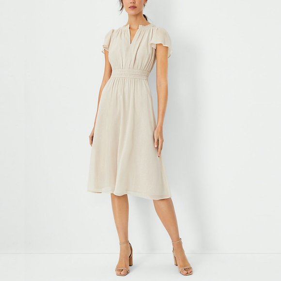 Ann Taylor Dresses & Skirts - Ann Taylor Metallic Stripe Flutter Sleeve Midi Flare Dress (Size 8/Medium)